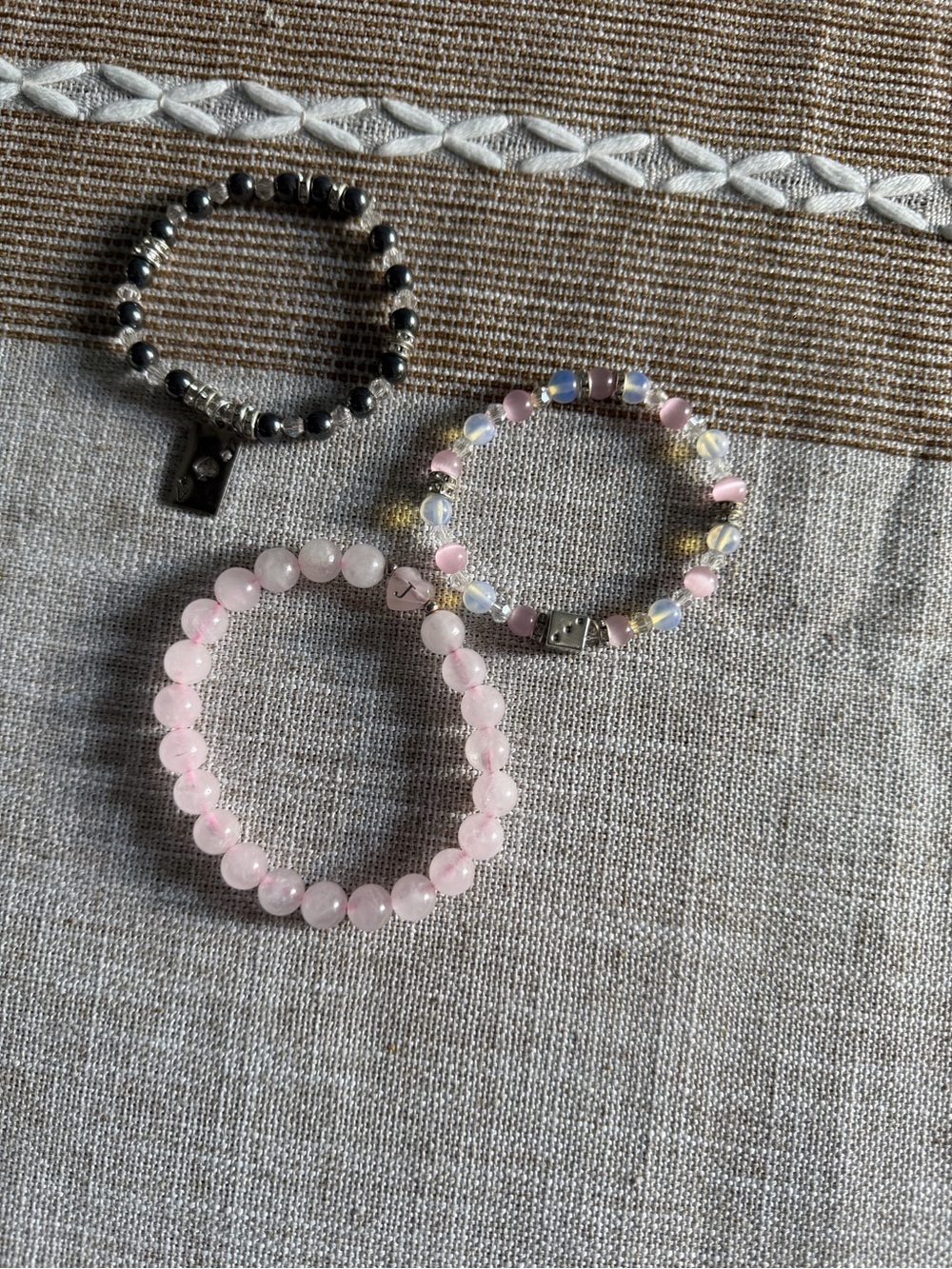 SHEIN Pink and Black Beaded Stretch Bracelet Set with Silver Accents